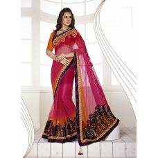 Dashing Multi Colored Embroidered Net Satin Saree